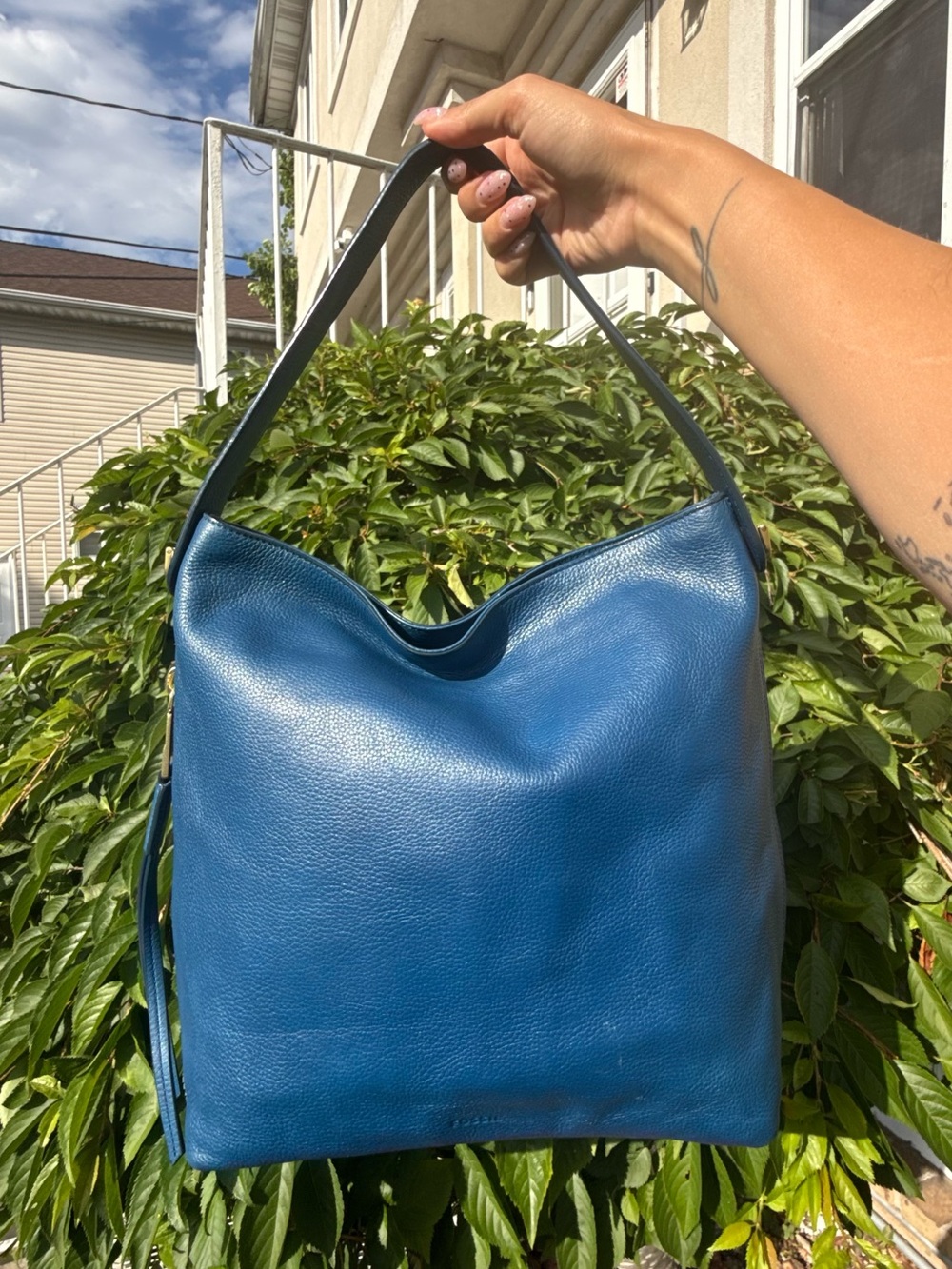 Vintage Fossil Y2K Blue Leather Hobo Shoulder Bag Slouchy Boho Purse